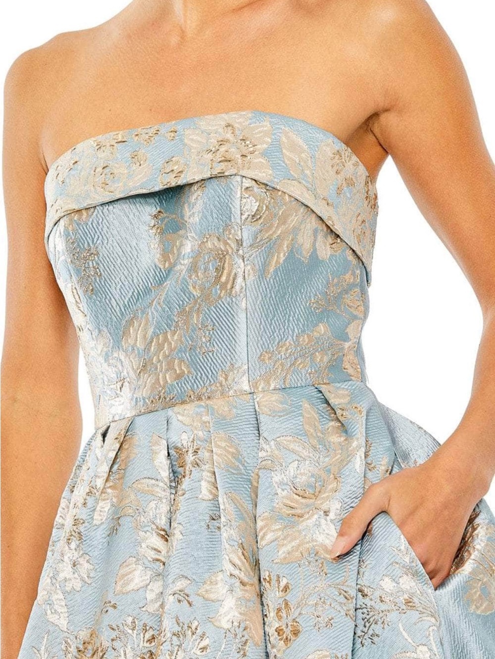 Mac Duggal Strapless Brocade Midi Dress in Light Blue and Gold - Picture 3 of 3